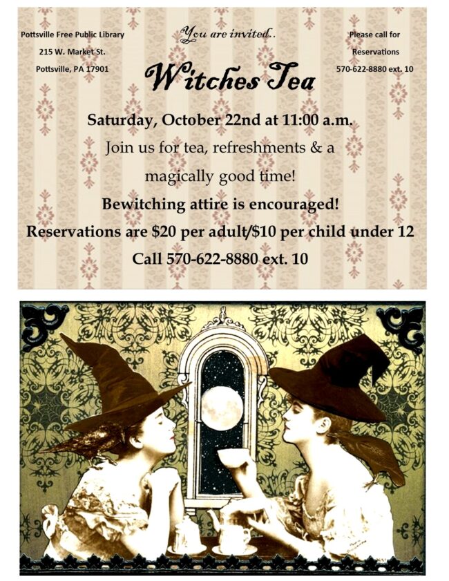 Witches Tea flyer: two witches drinking cups of tea.