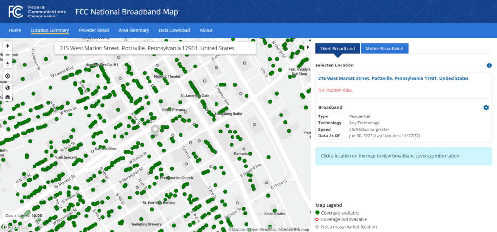 Sample of broadband availability map for Pottsville, Pennsylvania