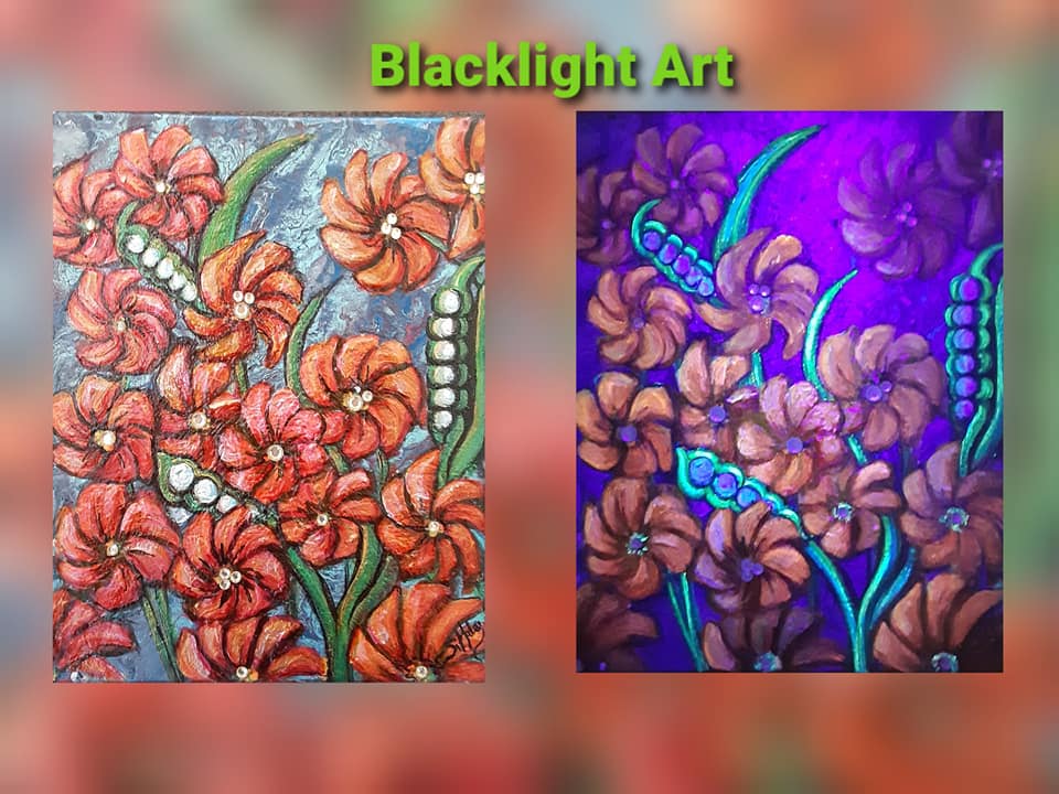 Artwork by Shannon Haley, demonstrating art under regular light and under a black light.