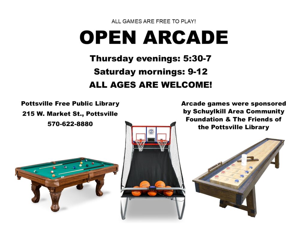 Open Arcade flyer
Thursday evenings from 5:30-7 PM, Saturday mornings from 9 AM to noon.