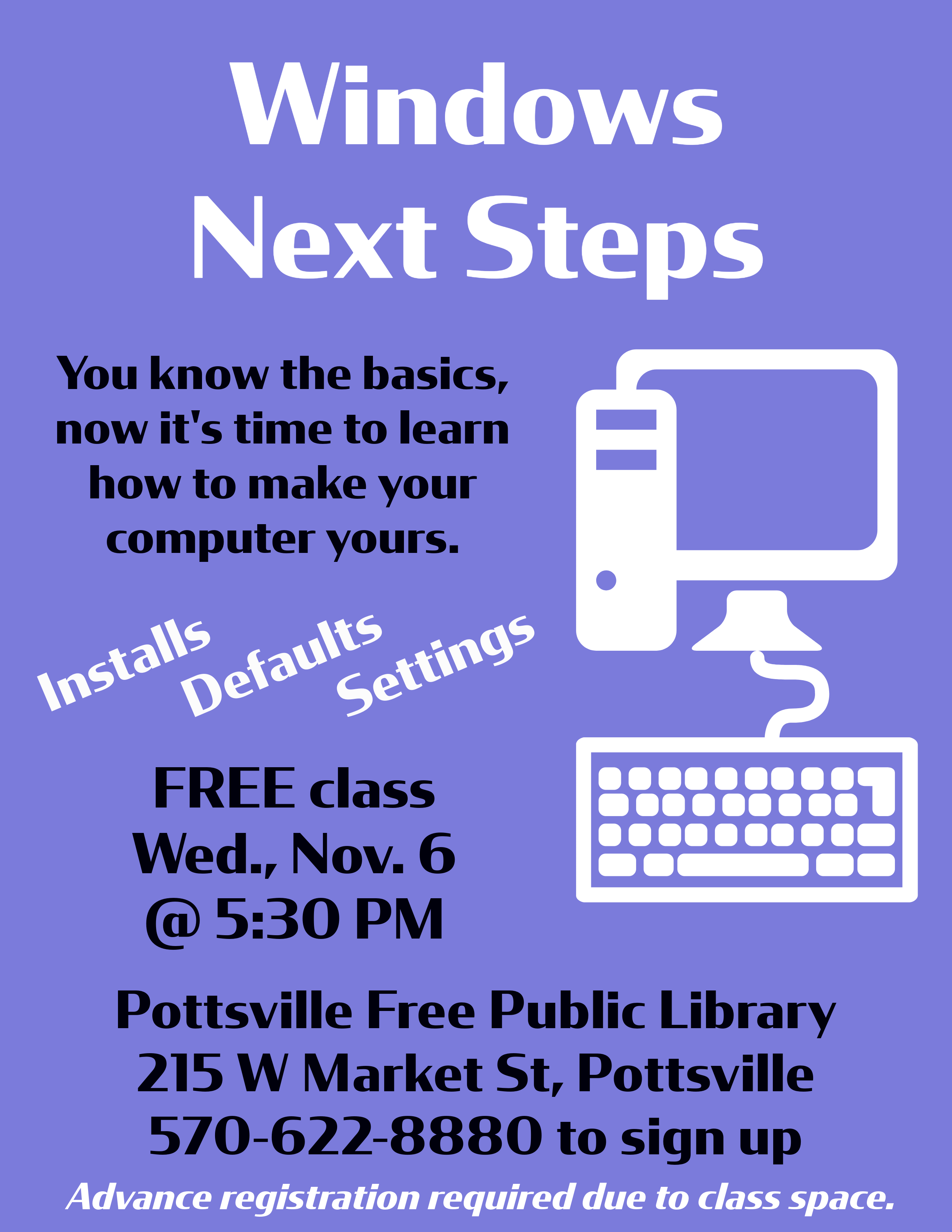 Windows Next Steps computer class, November 6 at 5:30 PM.